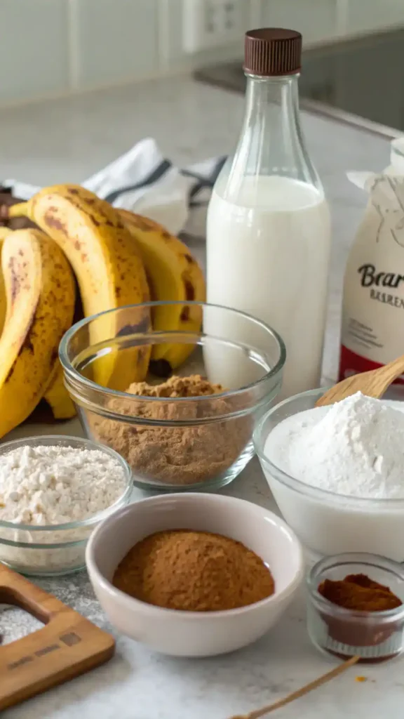 Ingredients for banana bread without eggs, including ripe bananas, flour, and sugar.