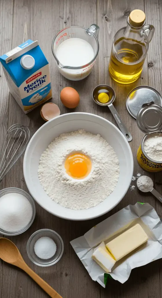 Ingredients for fried bread recipe displayed on a wooden table.