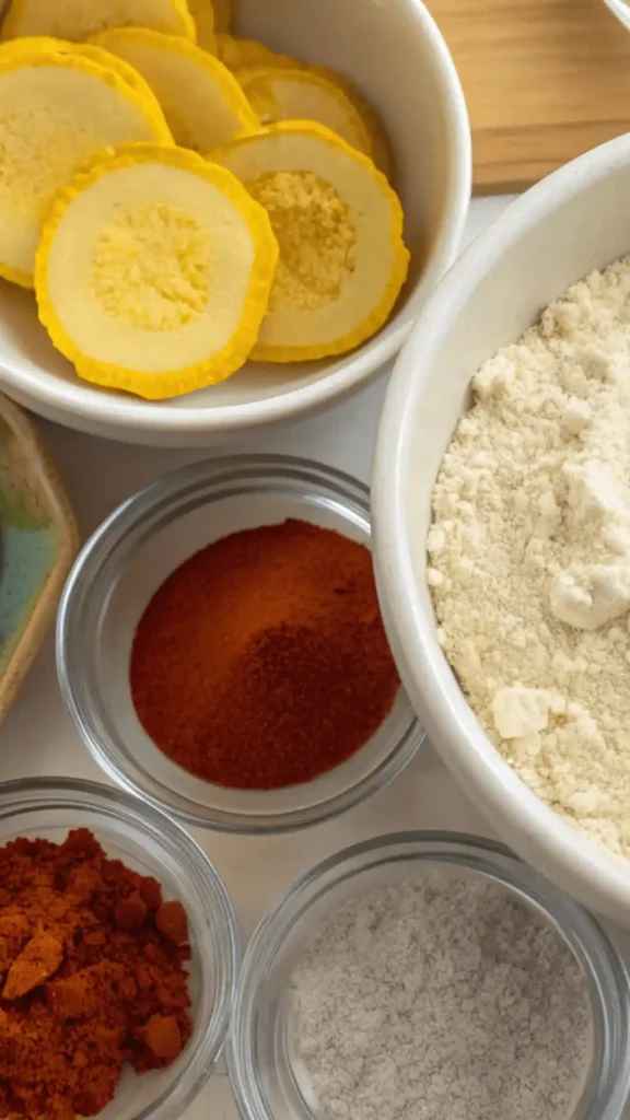 Ingredients for fried squash recipe displayed on a kitchen counter.