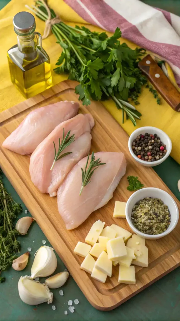 Ingredients for Garlic Butter Chicken Breast displayed on a wooden cutting board.