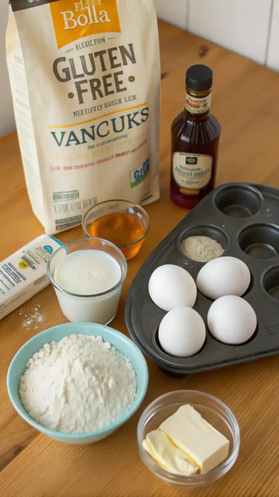 Ingredients for gluten-free pancakes displayed on a wooden table.