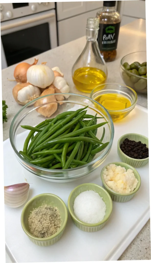 Ingredients for green beans recipe including fresh green beans, olive oil, garlic, and lemon juice.