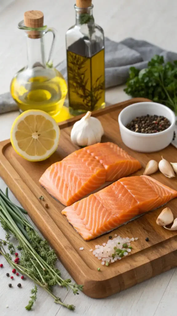 Ingredients for grilled salmon recipe displayed on a cutting board.