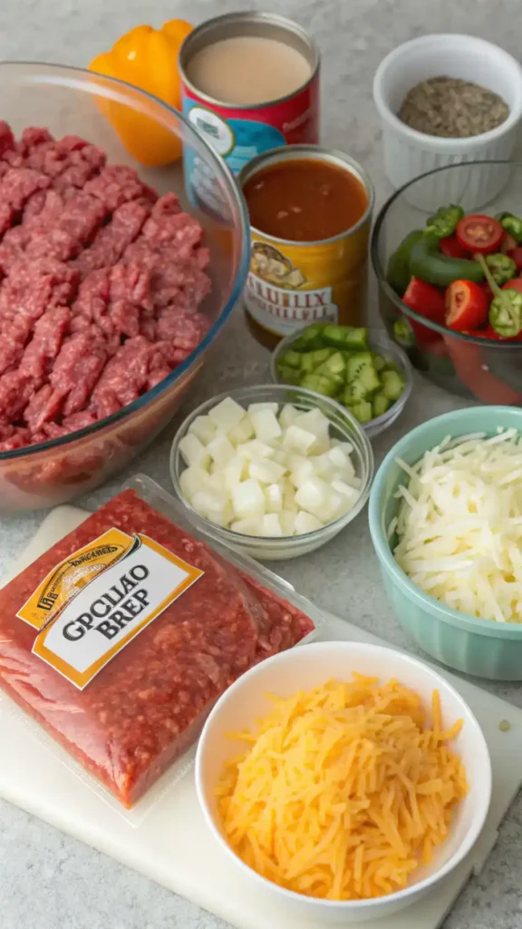 Ingredients for Ground Beef Casserole laid out on a kitchen counter.