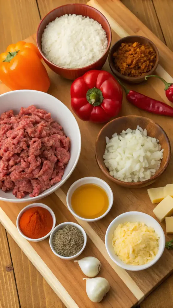 Ingredients for Ground Beef and Rice Skillet displayed on a wooden countertop.