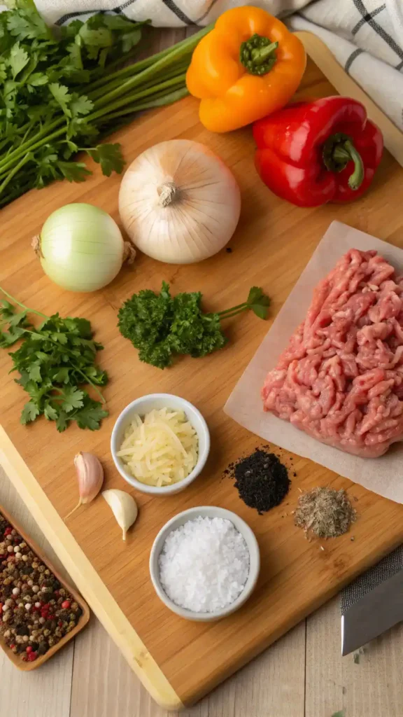 Ingredients for ground chicken recipe including ground chicken, olive oil, garlic, onion, and bell peppers.