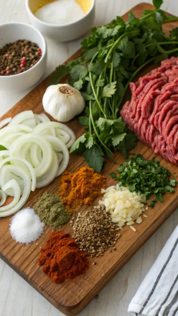 Ingredients for ground lamb recipes including ground lamb, onion, garlic, and fresh herbs.