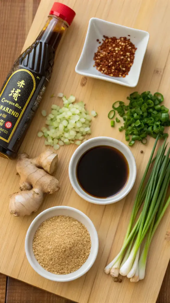 Ingredients for hibachi sauce displayed on a wooden surface, including soy sauce, mirin, and spices.