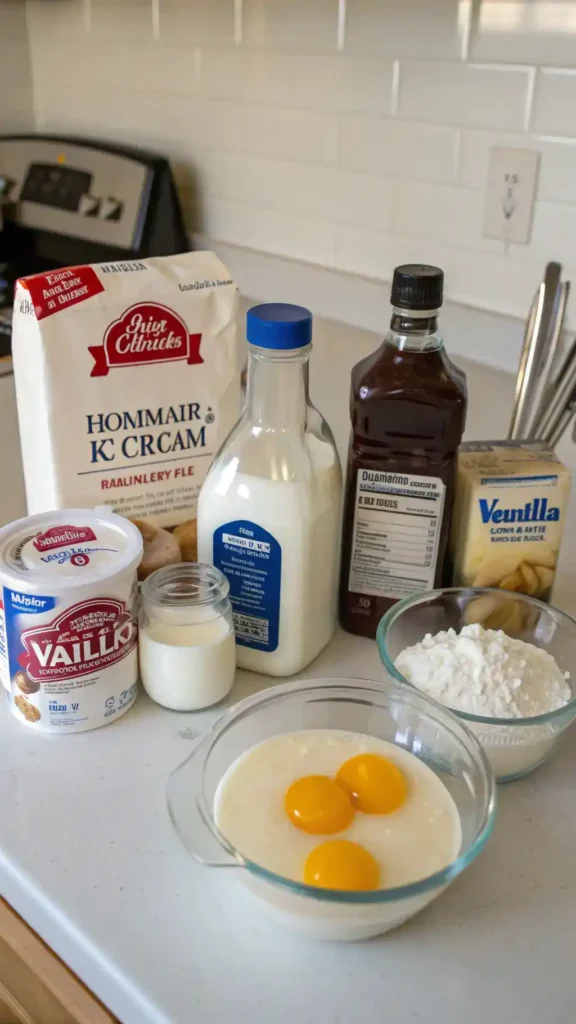 Ingredients for homemade ice cream displayed on a kitchen counter.