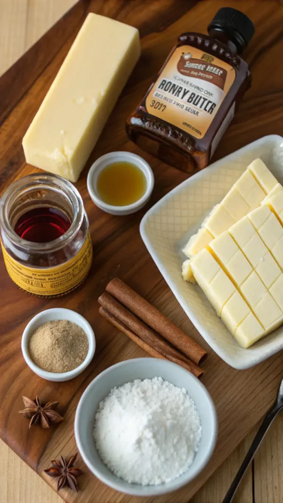 Ingredients for honey butter including unsalted butter, honey, cinnamon, vanilla extract, and salt.