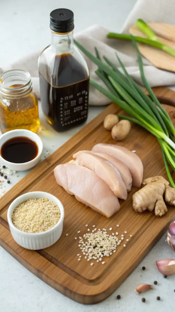 Ingredients for Honey Garlic Chicken Breast displayed on a wooden cutting board.