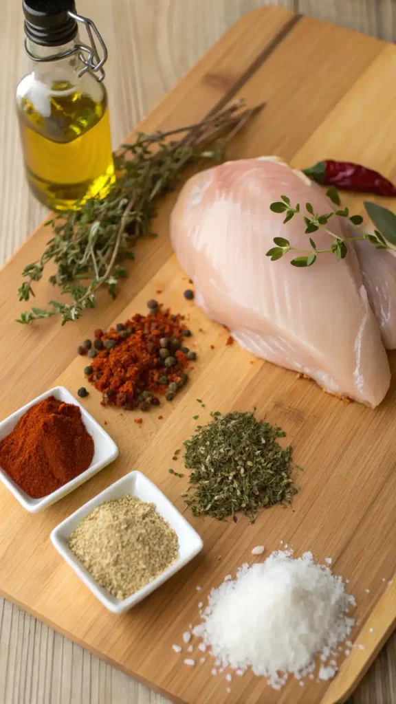 Ingredients for juicy chicken breast including chicken, spices, and olive oil.