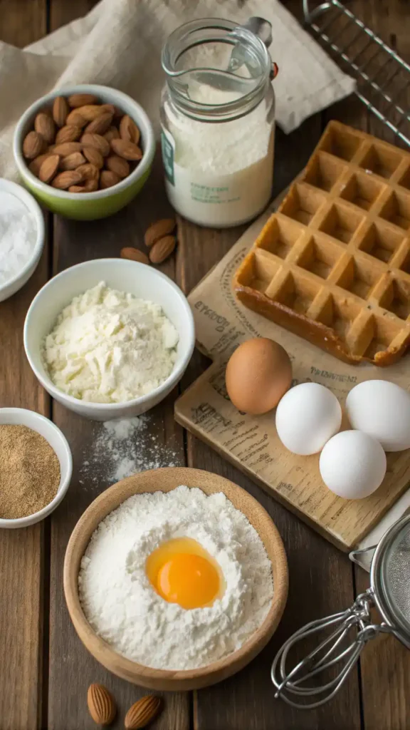 Ingredients for keto waffles displayed on a wooden table.