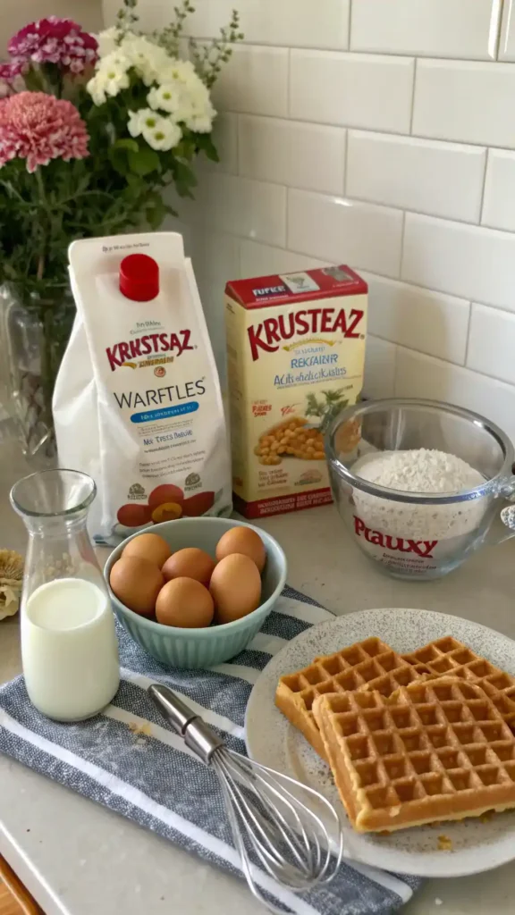 Ingredients for Krusteaz waffles displayed on a kitchen counter.