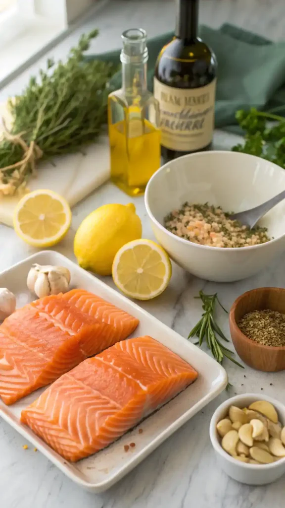 Ingredients for Lemon Garlic Salmon including salmon, garlic, lemon, and herbs.