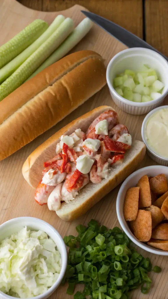 Ingredients for a lobster roll including lobster meat, mayonnaise, celery, and hot dog buns on a wooden table.