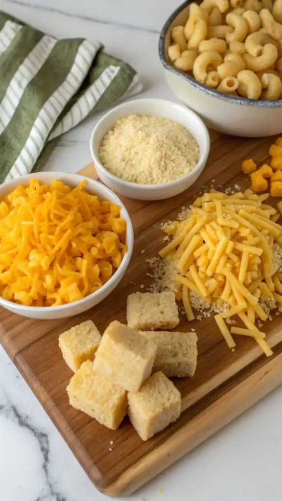 Ingredients for mac and cheese bites including macaroni, cheddar cheese, and breadcrumbs.