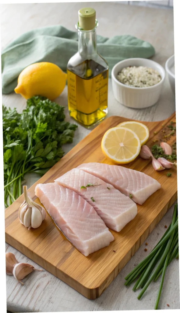 Ingredients for mahi mahi recipe including fish fillets, olive oil, lemon, garlic, and herbs.