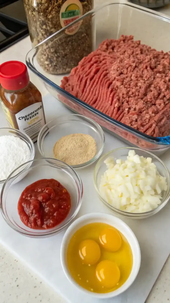 Ingredients for McCormick meatloaf including ground beef, breadcrumbs, and seasonings.