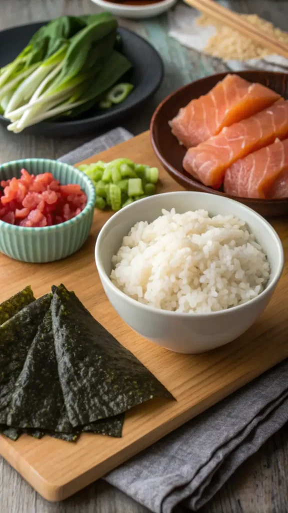 Ingredients for making onigiri, including rice, nori, and various fillings displayed on a wooden table.