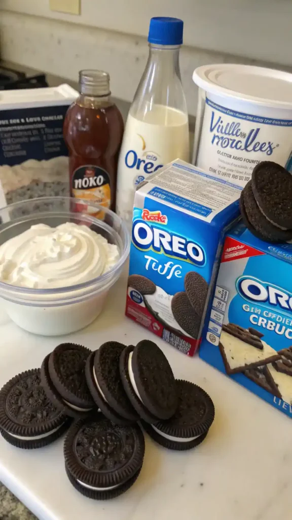 Ingredients for Oreo fluff recipe displayed on a kitchen counter.