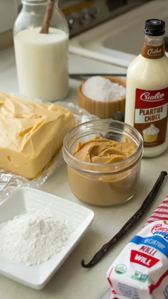 Ingredients for peanut butter icing displayed on a kitchen counter.