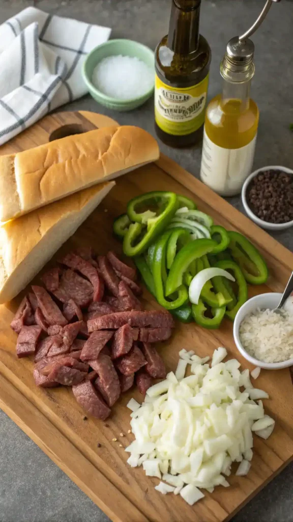 Ingredients for a Philly cheesesteak including ribeye steak, onions, green bell peppers, provolone cheese, and hoagie rolls.