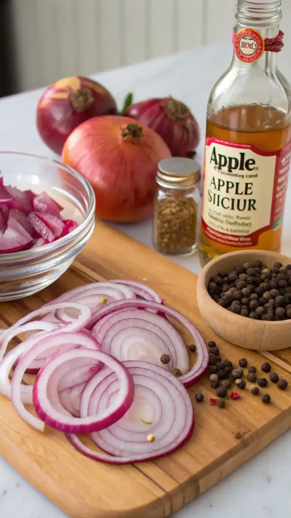Ingredients for pickled red onions displayed on a wooden surface.