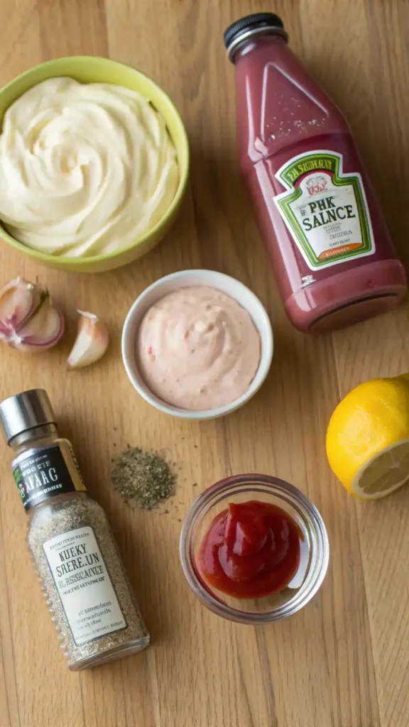 Ingredients for pink sauce displayed on a wooden countertop.