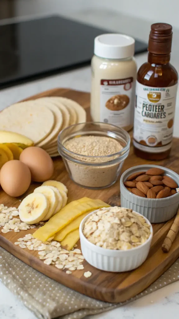 Ingredients for protein pancakes displayed on a wooden table.