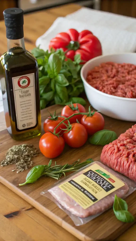 Ingredients for ragu sauce displayed on a wooden counter.