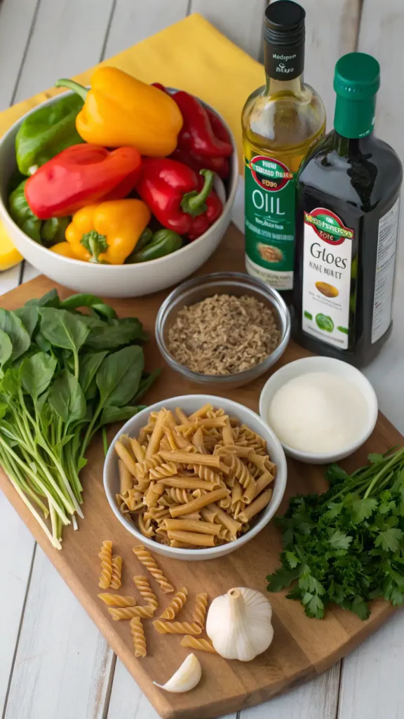Ingredients for Rasta Pasta displayed on a wooden countertop.