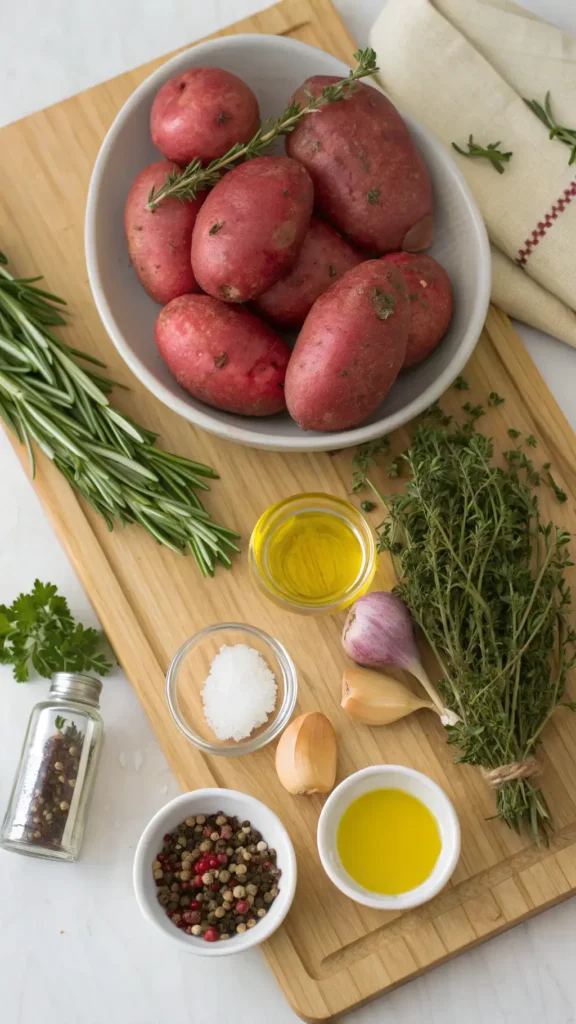 Ingredients for red potato recipes displayed on a wooden countertop.