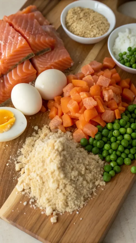 Ingredients for salmon croquettes displayed on a wooden table.