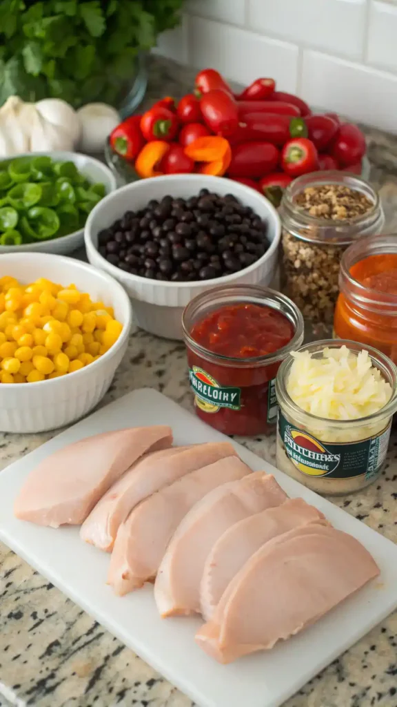 Ingredients for salsa chicken recipe displayed on a kitchen counter.
