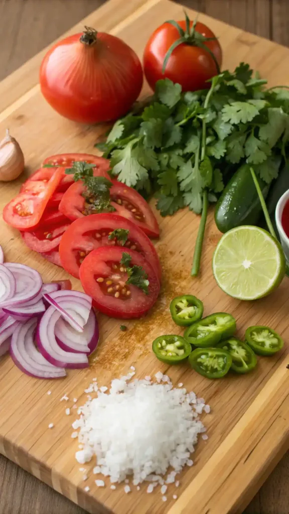 Ingredients for salsa roja displayed on a cutting board.