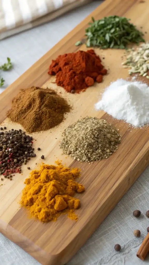 Ingredients for shawarma seasoning laid out, including cumin, coriander, paprika, turmeric, garlic powder, onion powder, cinnamon, black pepper, allspice, and salt.