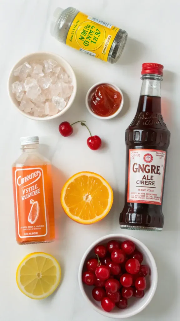 Ingredients for a Shirley Temple mocktail including ginger ale, grenadine syrup, lemon juice, maraschino cherries, ice cubes, and an orange slice.