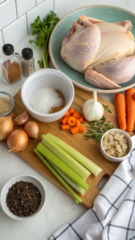 Ingredients for shredded chicken recipe including chicken breasts, spices, and broth.