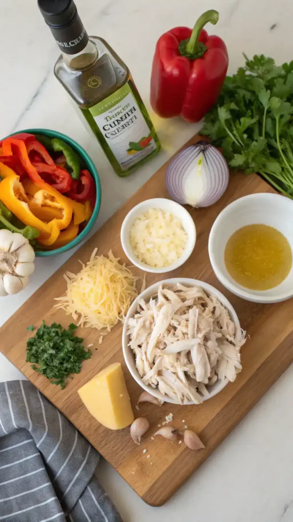 Ingredients for a shredded chicken recipe displayed on a wooden countertop.