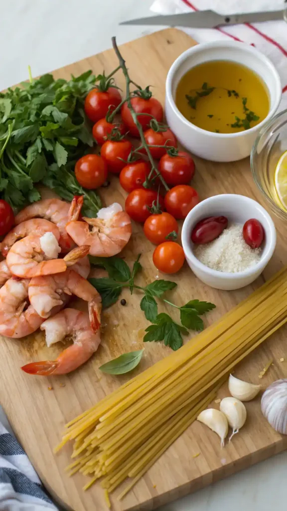 Ingredients for Shrimp and Burst Cherry Tomato Pasta displayed on a wooden cutting board.