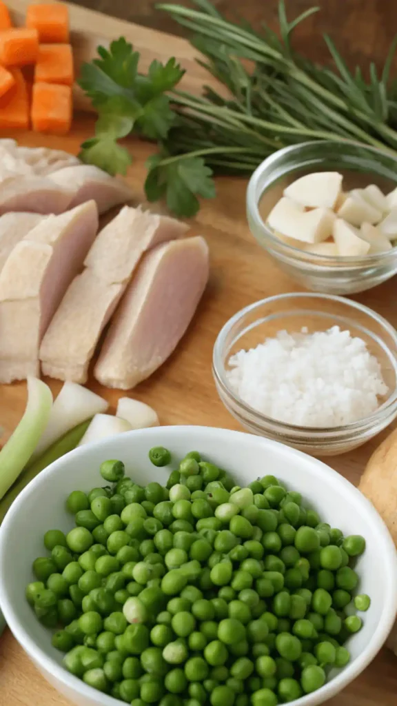 Ingredients for Slow Cooker Chicken Pot Pie displayed on a wooden kitchen counter.