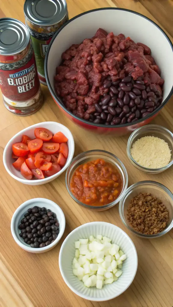 Ingredients for Slow Cooker Chili displayed on a wooden countertop, including ground beef, beans, tomatoes, and spices.