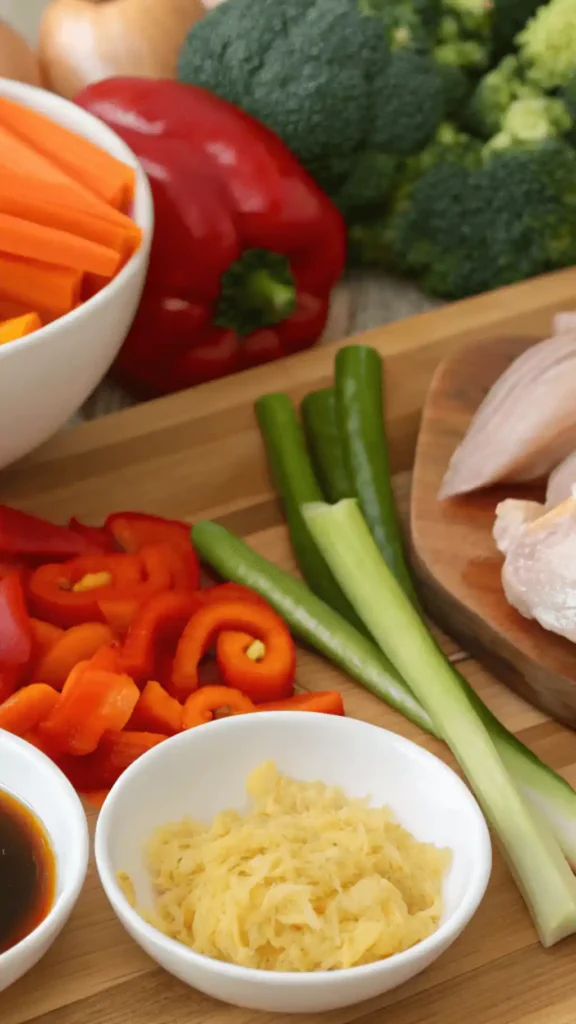 Ingredients for Slow Cooker Honey Garlic Chicken with Veggies displayed on a wooden countertop.