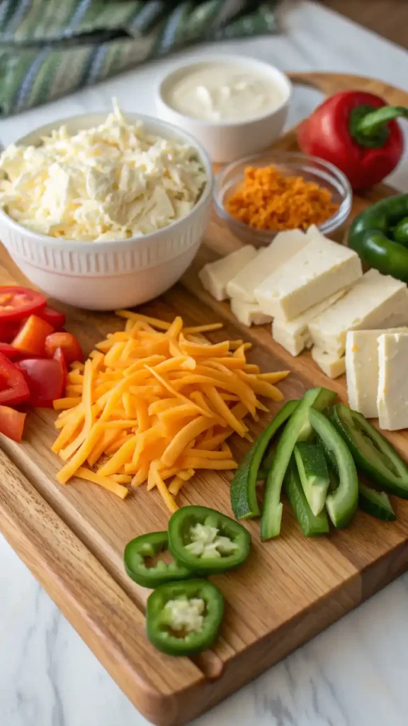 Ingredients for smoked queso displayed on a wooden cutting board, including cream cheese, shredded cheddar, Monterey Jack, and fresh vegetables.