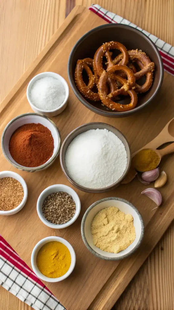 Ingredients for spicy pretzel recipe including flour, yeast, and spices arranged on a wooden countertop.