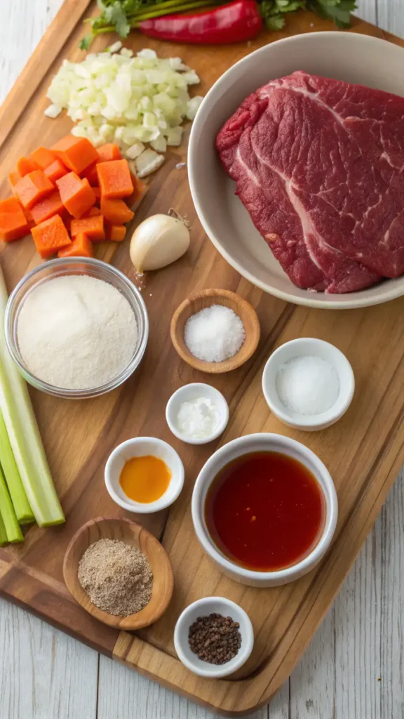 A beautifully arranged display of ingredients for Swiss steak, including fresh vegetables and seasonings.