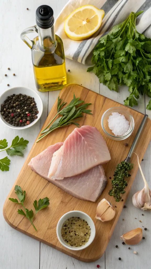 A collection of ingredients for a swordfish recipe including fresh swordfish steaks, olive oil, garlic, lemon juice, and herbs.