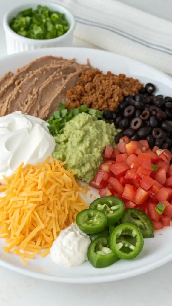 A colorful array of ingredients for taco dip, including beans, cheese, and vegetables.