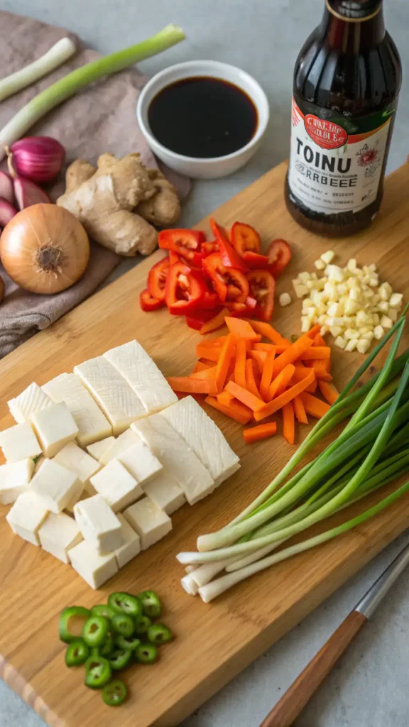 Ingredients for tauhu recipe displayed on a wooden cutting board.